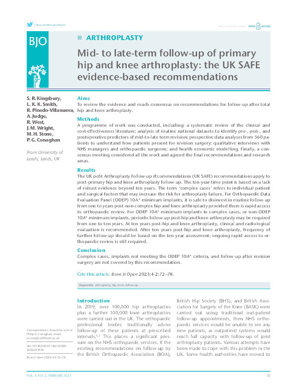 Mid-to late-term follow-up of primary hip and knee arthroplasty: the UK SAFE evidence-based recommendations Thumbnail