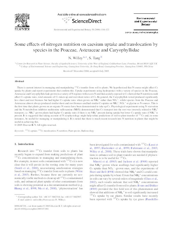 Some effects of nitrogen nutrition on caesium uptake and translocation by species in the Poaceae, Asteraceae and Caryophyllidae Thumbnail