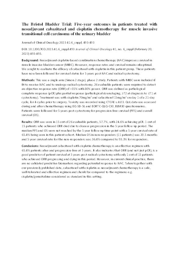 The Bristol Bladder Trial: Five year outcomes in patients treated with neoadjuvant cabazitaxel and cisplatin chemotherapy for muscle invasive transitional cell carcinoma of the urinary bladder Thumbnail