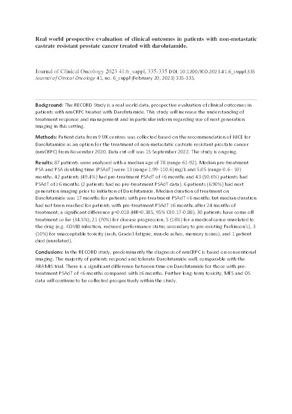 Real world prospective evaluation of clinical outcomes in patients with non-metastatic castrate resistant prostate cancer treated with darolutamide Thumbnail