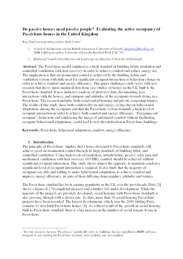 Do passive houses need passive people? Evaluating the active occupancy of Passivhaus homes in the United Kingdom Thumbnail