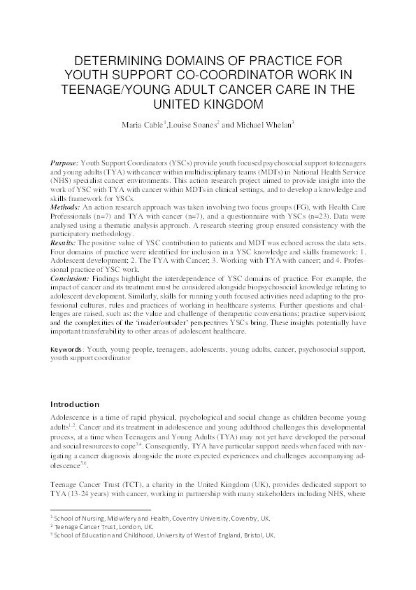 Determining domains of practice for youth support co-coordinator work in teenage/young adult cancer care in United Kingdom Thumbnail