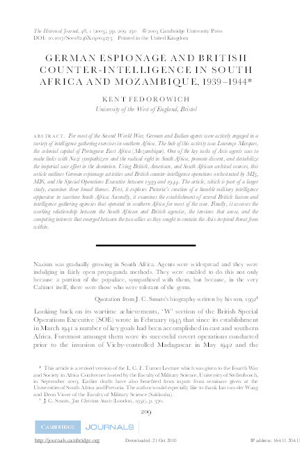 German espionage and British counter-intelligence in South Africa and Mozambique, 1939-1944 Thumbnail