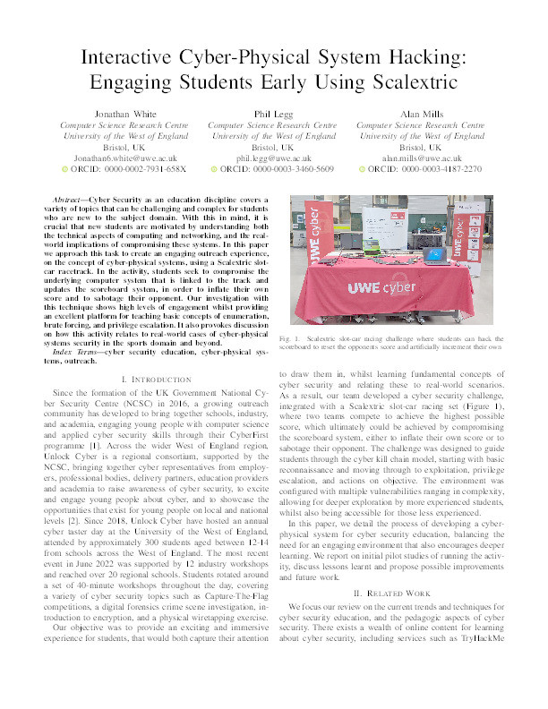 Interactive cyber-physical system hacking: Engaging students early using scalextric Thumbnail