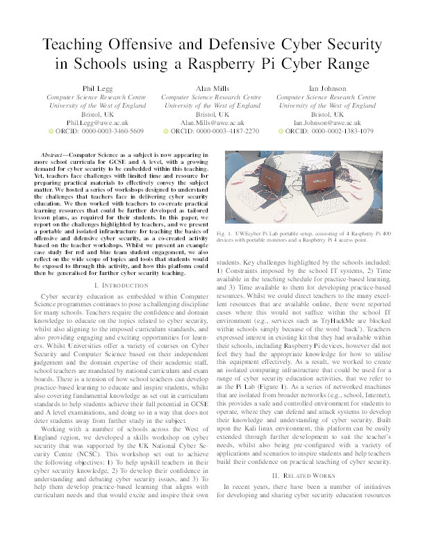 Teaching offensive and defensive cyber security in schools using a Raspberry Pi Cyber Range Thumbnail