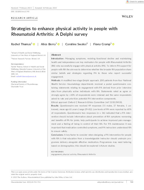 Strategies to enhance physical activity in people with rheumatoid arthritis: A Delphi survey Thumbnail