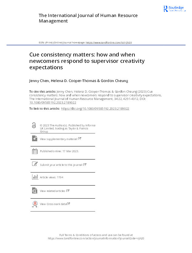 Cue consistency matters: How and when newcomers respond to supervisor creativity expectations Thumbnail