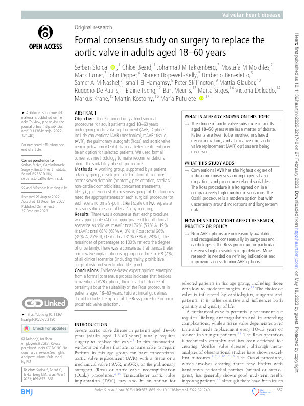 Formal consensus study on surgery to replace the aortic valve in adults aged 18-60 years Thumbnail