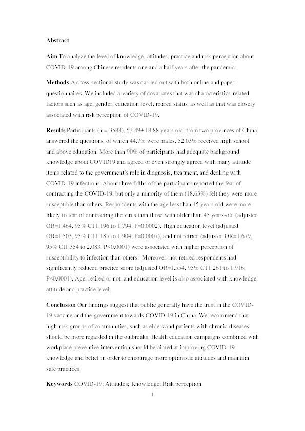 Assessment of knowledge, attitudes, practices, and risk perceptions regarding COVID-19: A cross-sectional study from China Thumbnail