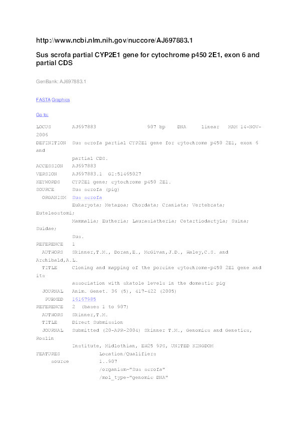 Sus scrofa partial CYP2E1 gene for cytochrome p450 2E1, exon 6 and partial CDS Thumbnail