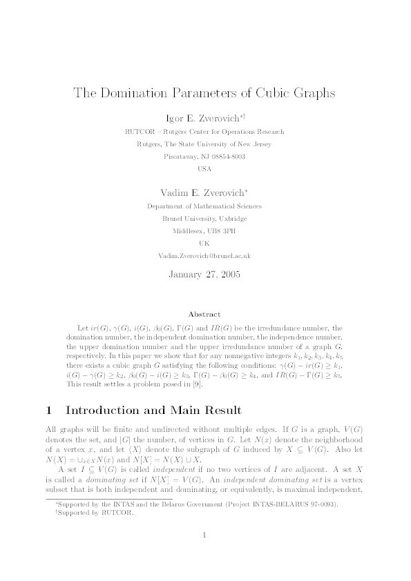 The domination parameters of cubic graphs Thumbnail