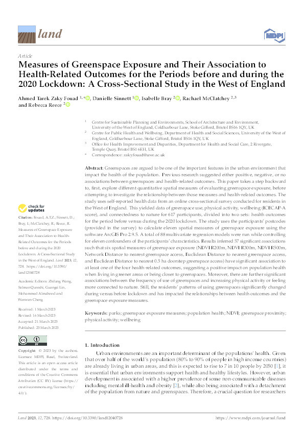 Measures of greenspace exposure and their association to health-related outcomes for the periods before and during 2020’s Lockdown: A cross-sectional study in the West of England Thumbnail