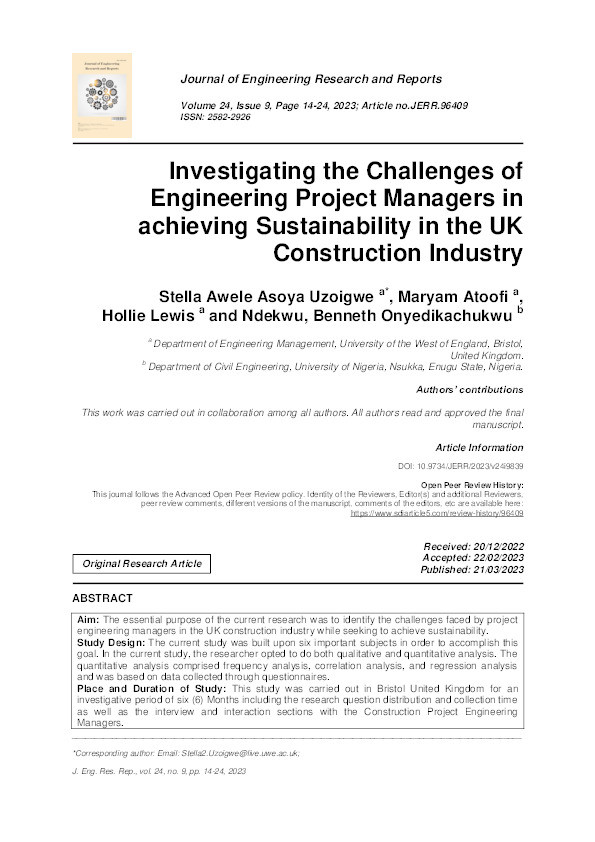 Investigating the challenges of engineering project managers in achieving sustainability in the UK construction industry Thumbnail