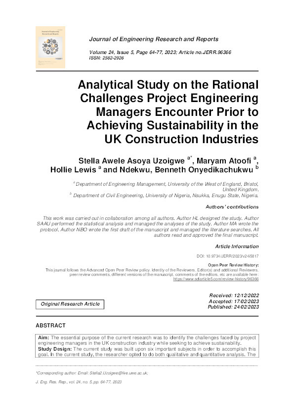 Analytical study on the rational challenges project engineering managers encounter prior to achieving sustainability in the UK construction industries Thumbnail