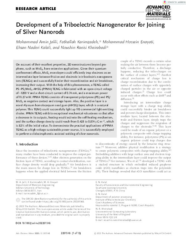 Development of a triboelectric nanogenerator for joining of silver nanorods Thumbnail