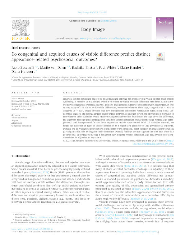 Do congenital and acquired causes of visible difference predict distinct appearance-related psychosocial outcomes? Thumbnail