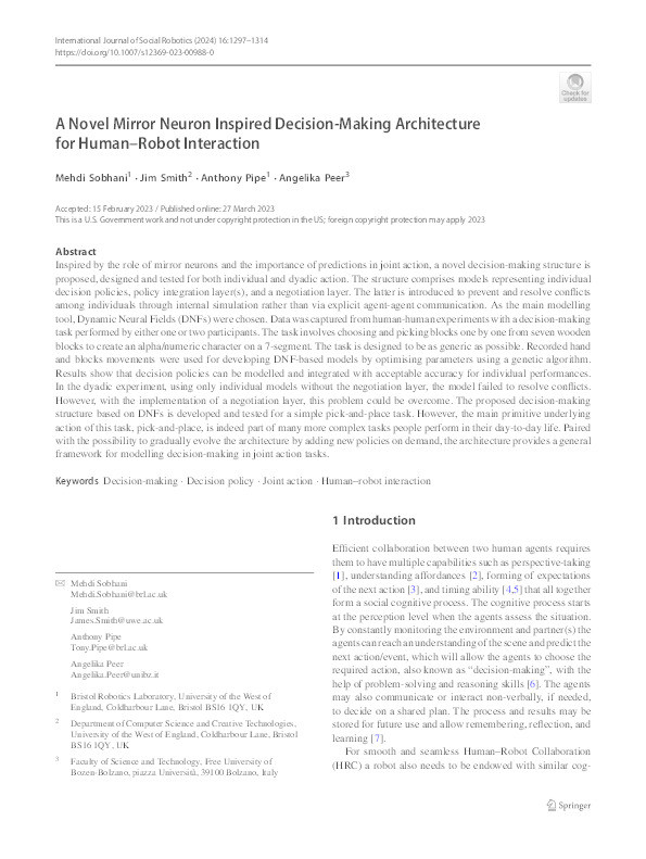 A novel mirror neuron inspired decision-making architecture for human–robot interaction Thumbnail