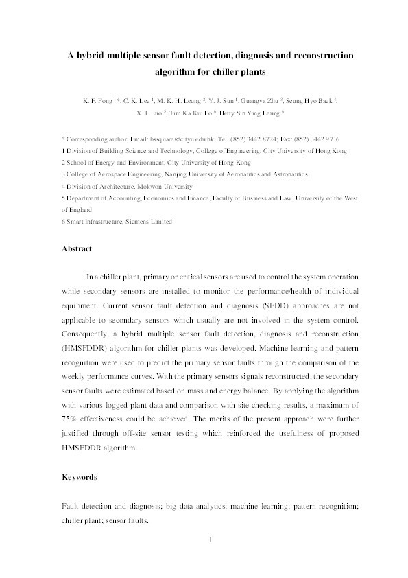 A hybrid multiple sensor fault detection, diagnosis and reconstruction algorithm for chiller plants Thumbnail