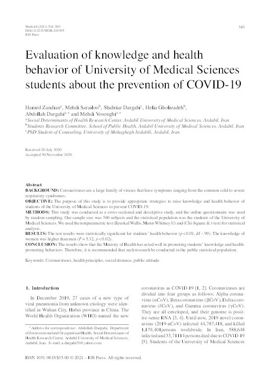 Evaluation of knowledge and health behavior of University of Medical Sciences students about the prevention of COVID-19 Thumbnail