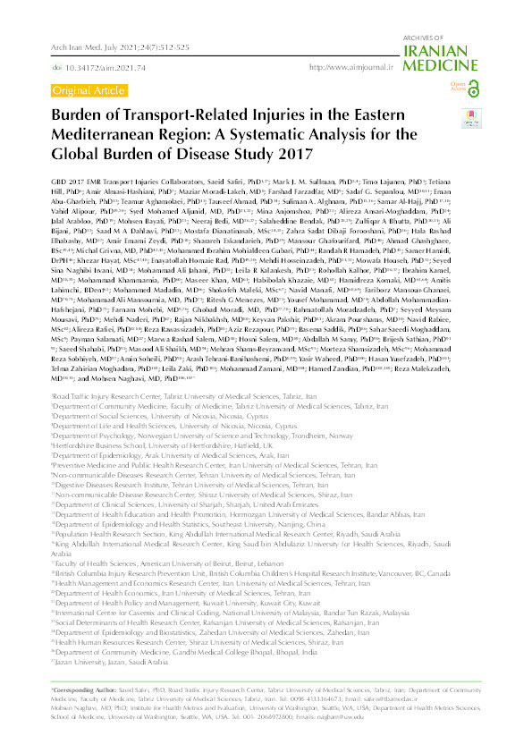 Burden of transport-related injuries in the eastern mediterranean region: A systematic analysis for the global burden of disease study 2017 Thumbnail
