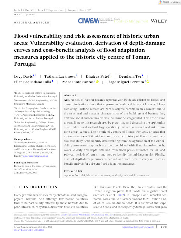 Flood vulnerability and risk assessment of historic urban areas: Vulnerability evaluation, derivation of depth-damage curves and cost–benefit analysis of flood adaptation measures applied to the historic city centre of Tomar, Portugal Thumbnail