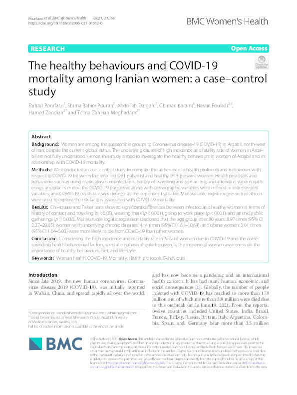 The healthy behaviours and COVID-19 mortality among Iranian women: A case–control study Thumbnail