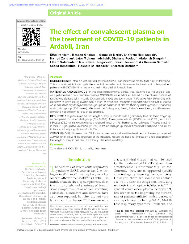 The effect of convalescent plasma on the treatment of COVID-19 patients in Ardabil, Iran Thumbnail