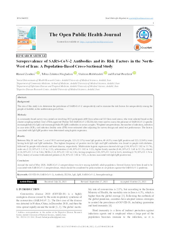 Seroprevalence of SARS-CoV-2 antibodies and its risk factors in the north-west of Iran: A population-based cross-sectional study Thumbnail