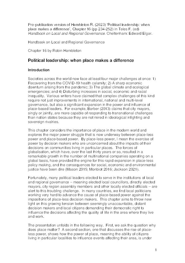 Political leadership: When place makes a difference Thumbnail