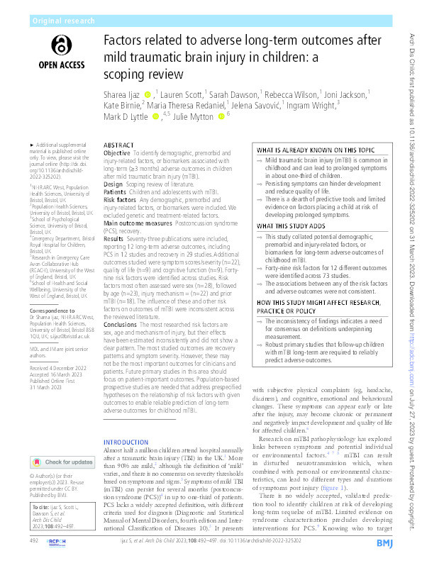 Factors related to adverse long-term outcomes after mild traumatic brain injury in children: A scoping review Thumbnail