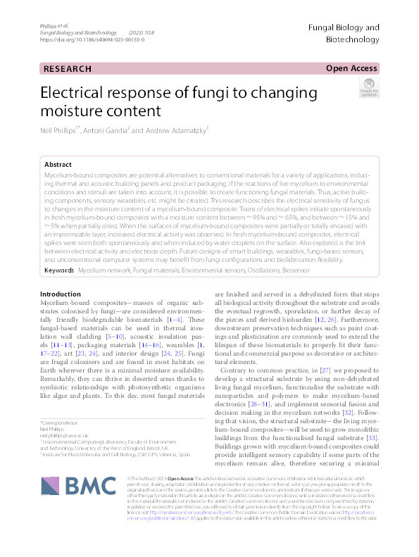 Electrical response of fungi to changing moisture content Thumbnail