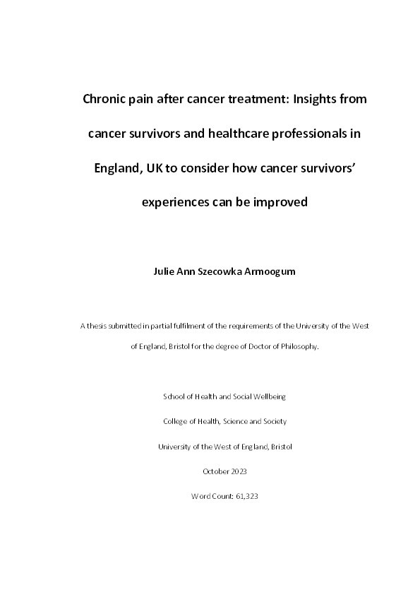 Chronic pain after cancer treatment: Insights from cancer survivors and healthcare professionals in England, UK to consider how cancer survivors’ experiences can be improved Thumbnail