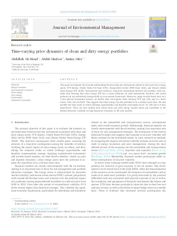 Time-varying price dynamics of clean and dirty energy portfolios Thumbnail