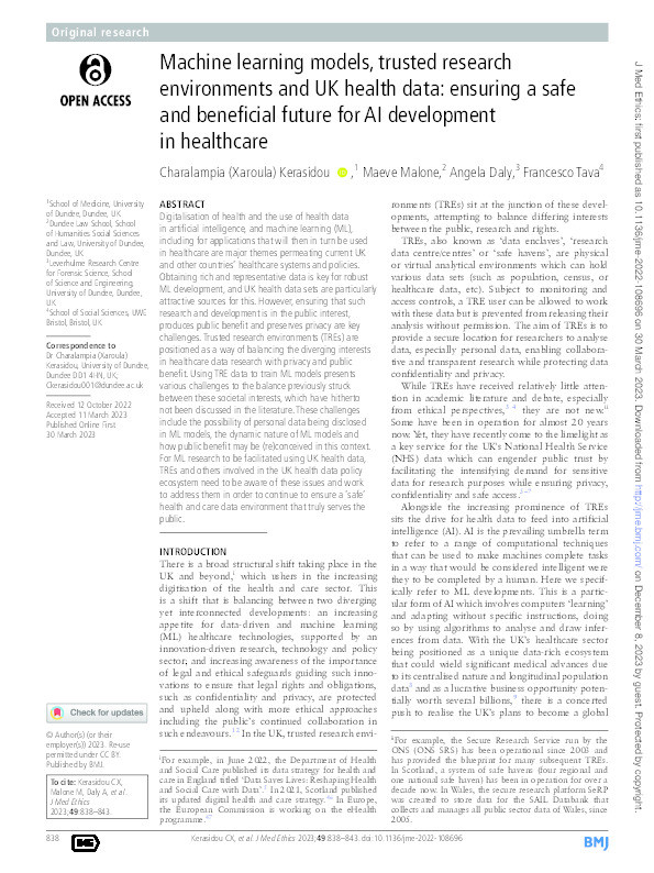 Machine learning models, trusted research environments and UK health data: Ensuring a safe and beneficial future for AI development in healthcare Thumbnail