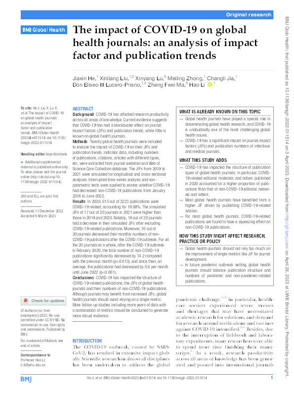 The impact of COVID-19 on global health journals: An analysis of impact factor and publication trends Thumbnail