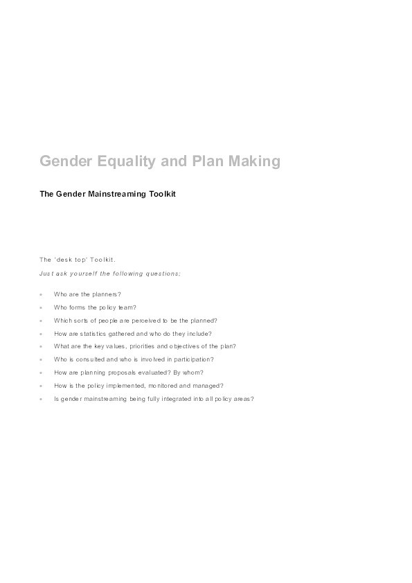 Gender equality and plan making: Gender mainstreaming toolkit Thumbnail