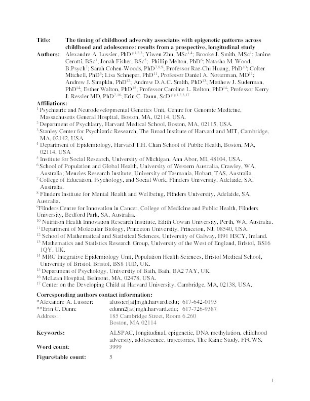 Association between the timing of childhood adversity and epigenetic patterns across childhood and adolescence: findings from the Avon Longitudinal Study of Parents and Children (ALSPAC) prospective cohort Thumbnail