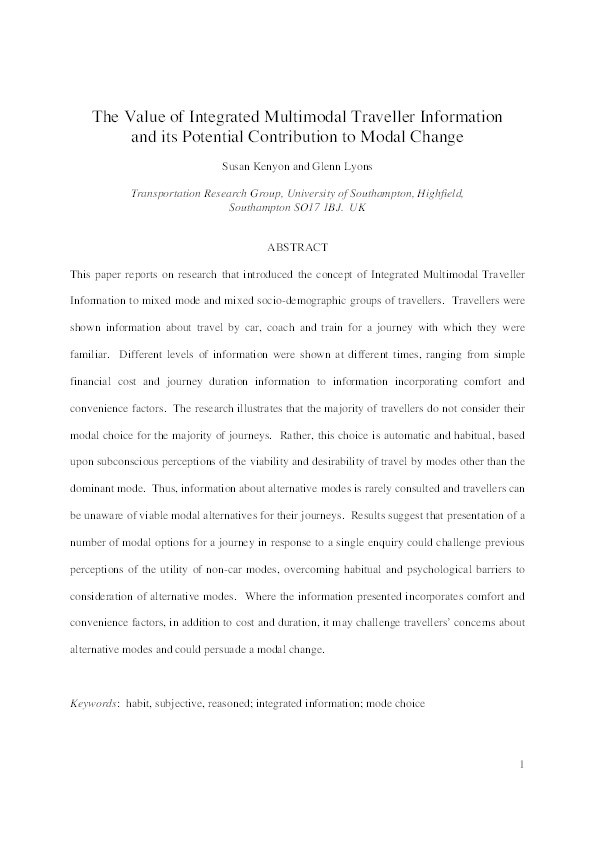 The value of integrated multimodal traveller information and its potential contribution to modal change Thumbnail