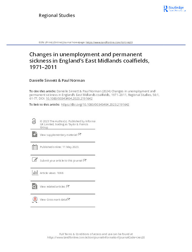 Changes in unemployment and permanent sickness in England’s East Midlands coalfields, 1971–2011 Thumbnail