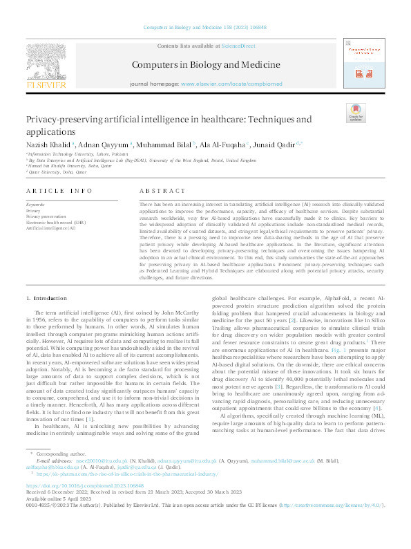 Privacy-preserving artificial intelligence in healthcare: Techniques and applications Thumbnail