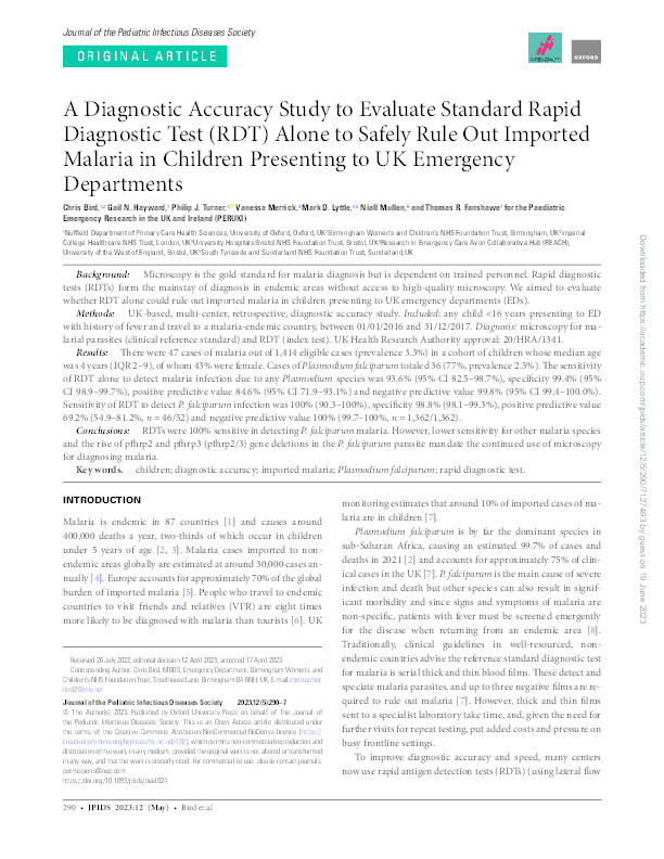 A diagnostic accuracy study to evaluate standard rapid diagnostic test (RDT) alone to safely rule out imported malaria in children presenting to UK emergency departments Thumbnail