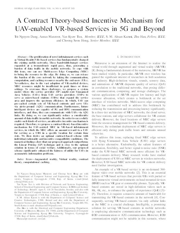A contract theory-based incentive mechanism for UAV-enabled VR-based services in 5G and beyond Thumbnail