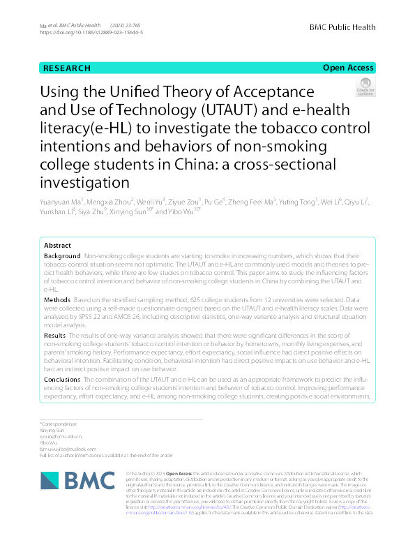 Using the unified theory of acceptance and use of technology (UTAUT) and e-health literacy(e-HL) to investigate the tobacco control intentions and behaviors of non-smoking college students in China: A cross-sectional investigation Thumbnail