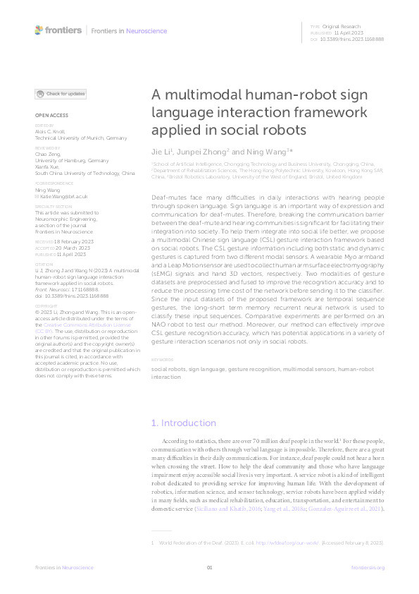 A multimodal human-robot sign language interaction framework applied in social robots Thumbnail