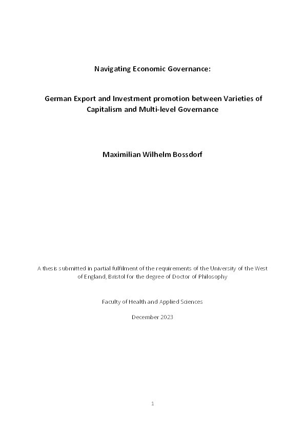 Navigating economic governance:  German export and investment promotion between varieties of capitalism and multi-level governance Thumbnail