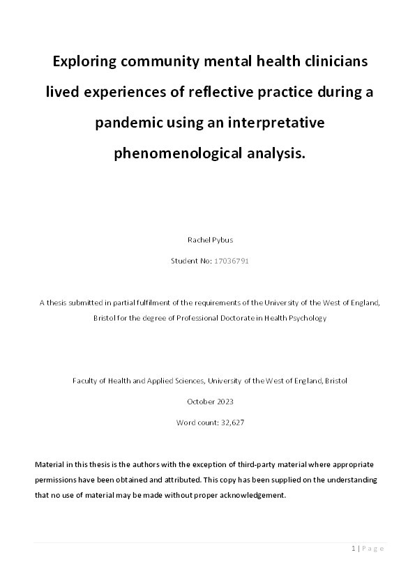 Exploring community mental health clinicians lived experiences of reflective practice during a pandemic using an interpretative phenomenological analysis Thumbnail