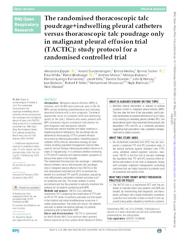 The randomised thoracoscopic talc poudrage+indwelling pleural catheters versus thoracoscopic talc poudrage only in malignant pleural effusion trial (TACTIC): Study protocol for a randomised controlled trial Thumbnail