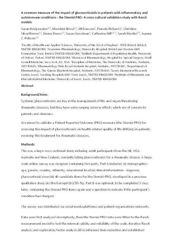 E038 A common measure of the impact of glucocorticoids in patients with inflammatory and autoimmune conditions - The Steroid PRO: A cross-cultural validation study with Rasch models Thumbnail