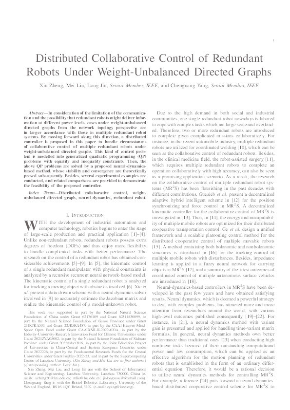 Distributed collaborative control of redundant robots under weight-unbalanced directed graphs Thumbnail