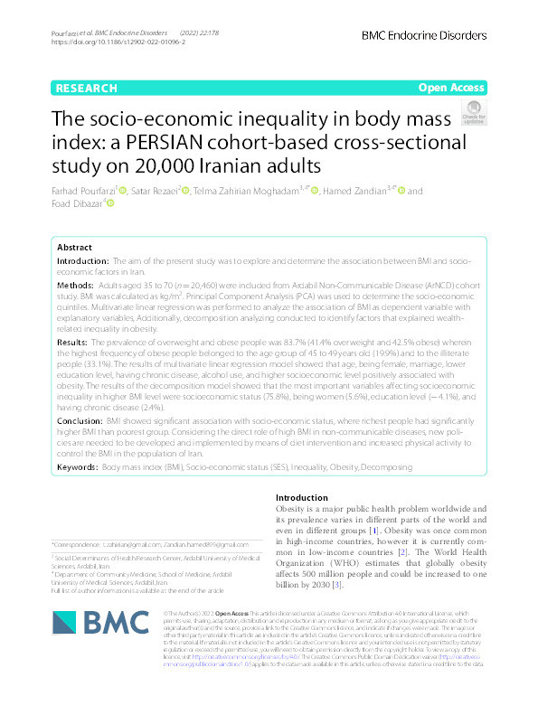 The socio-economic inequality in body mass index: A PERSIAN cohort-based cross-sectional study on 20,000 Iranian adults Thumbnail